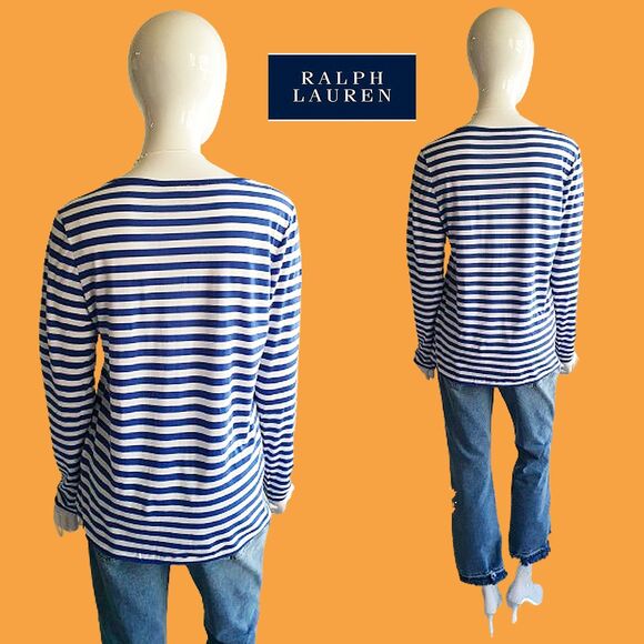RALPH LAUREN Blue Label Striped Lime Pony V-Neck Long-Sleeve T-Shirt L - Picture 9 of 12